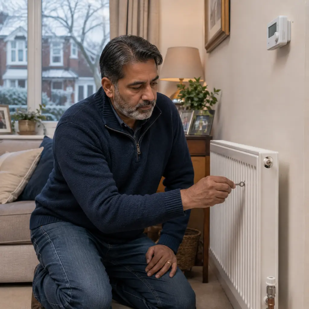 British homeowner bleeding radiator to prepare heating system for winter