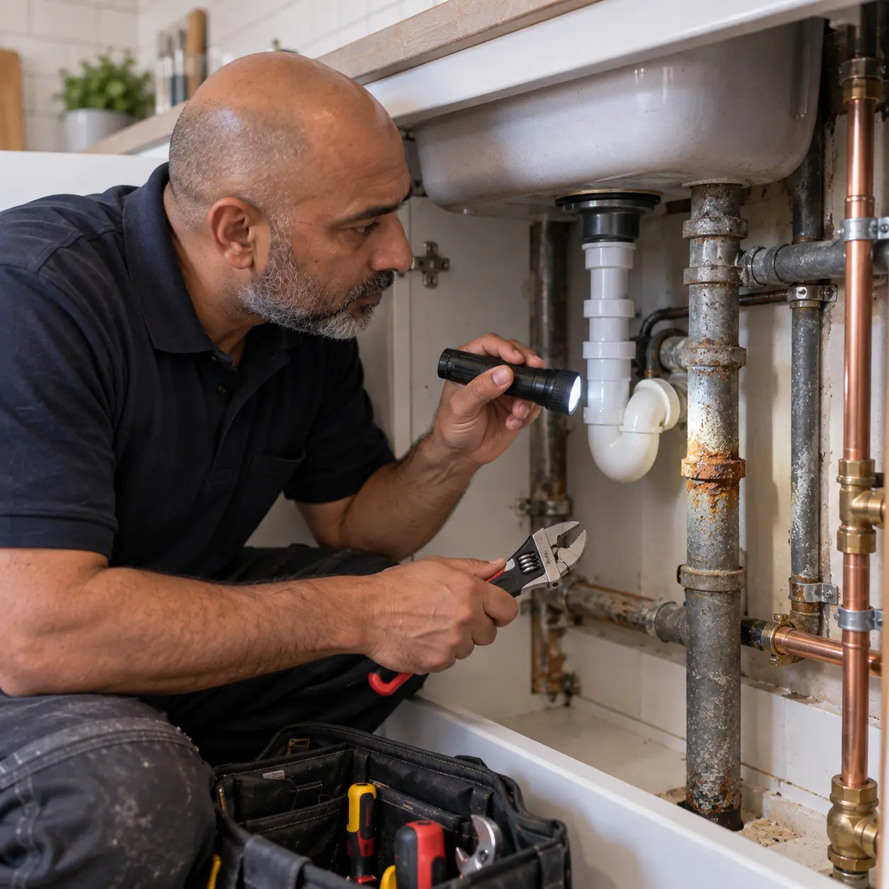 London plumber inspecting corroded pipework causing rusty brown tap water.