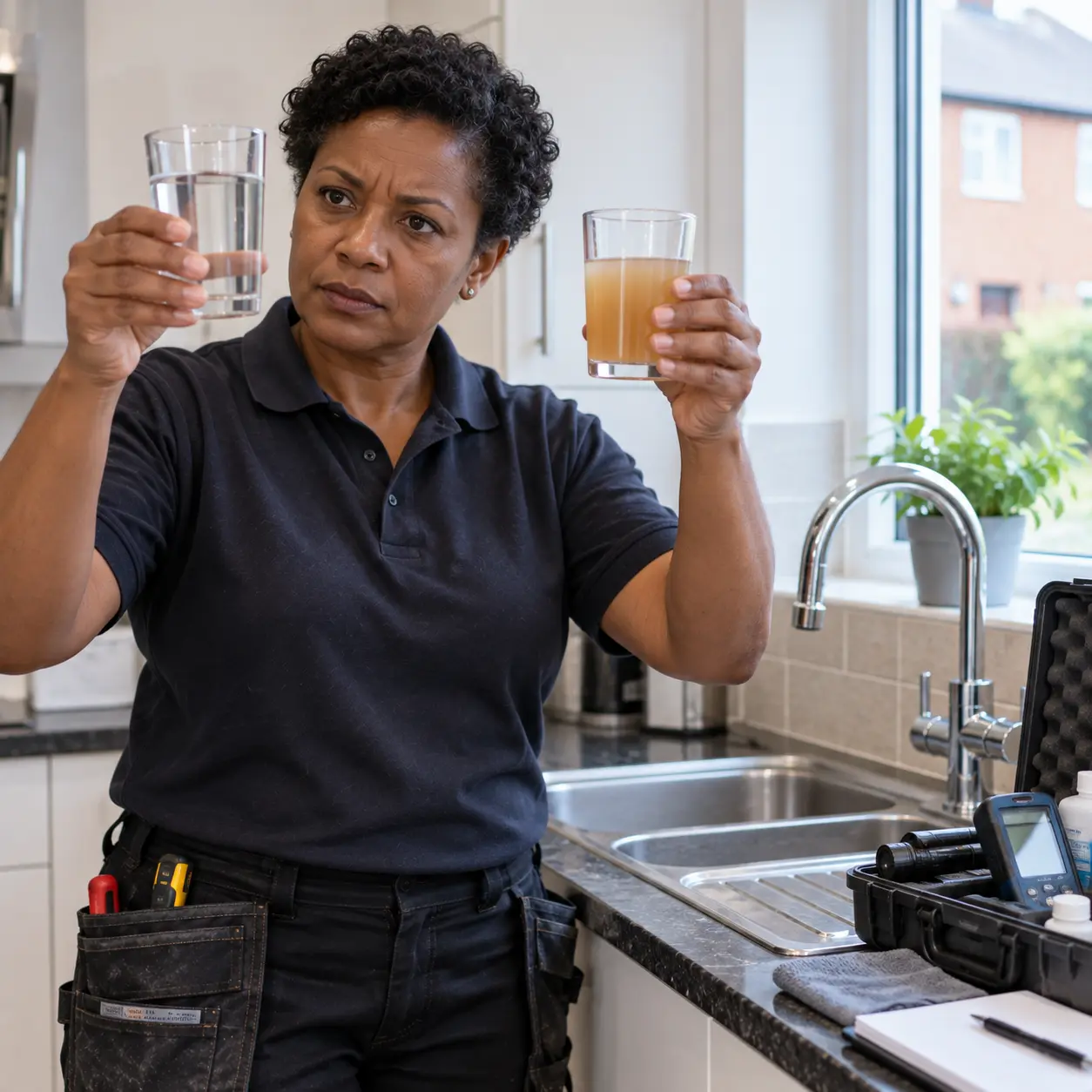 UK plumber comparing clear and brown water during plumbing investigation.