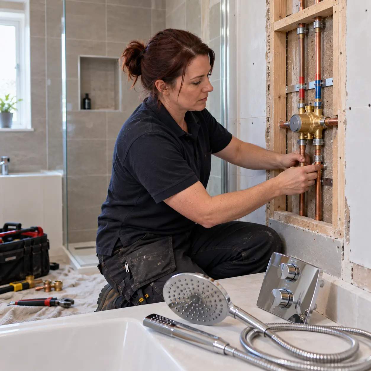Female plumber installing concealed mixer shower pipework during bathroom renovation.