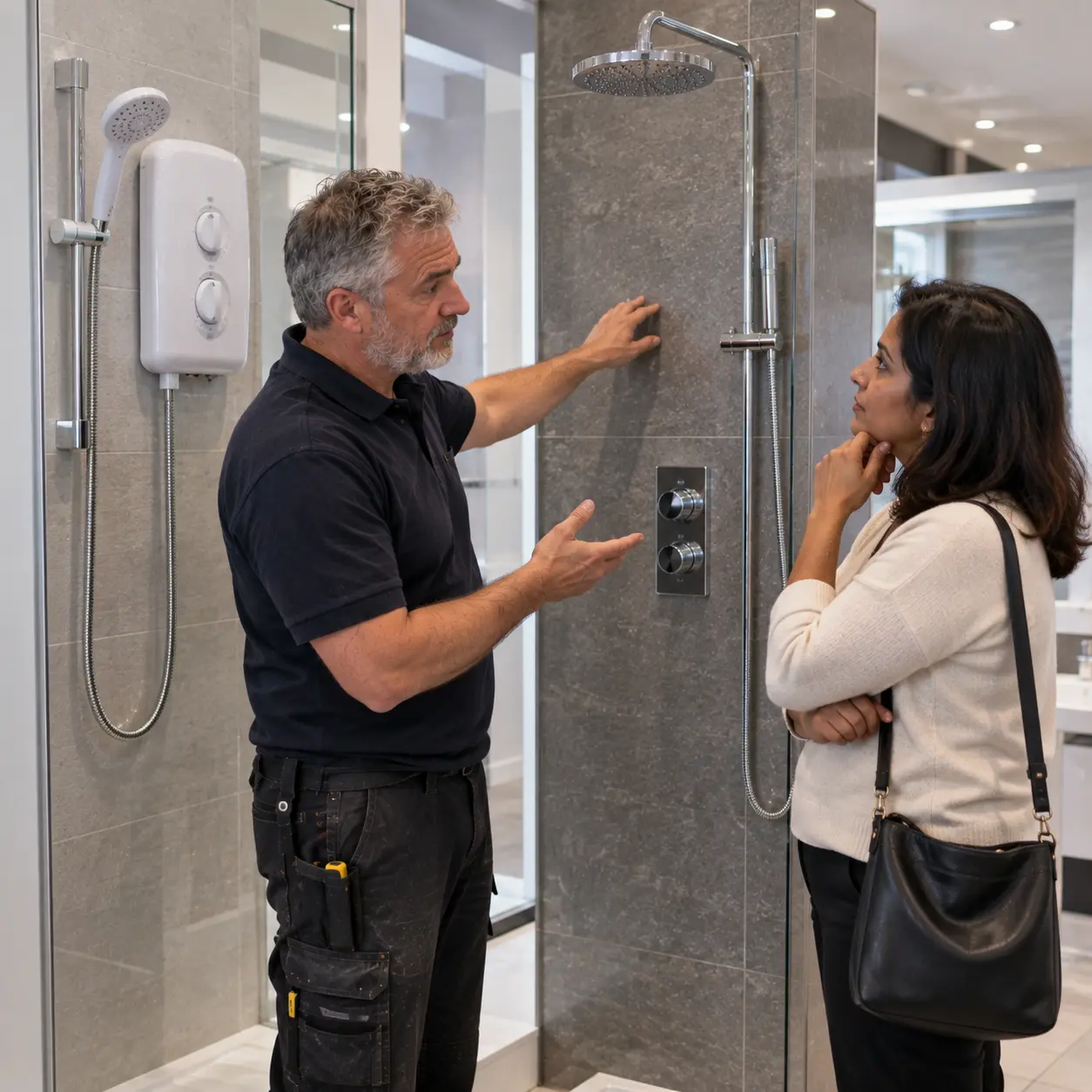 UK homeowner comparing electric and mixer showers with professional plumber.
