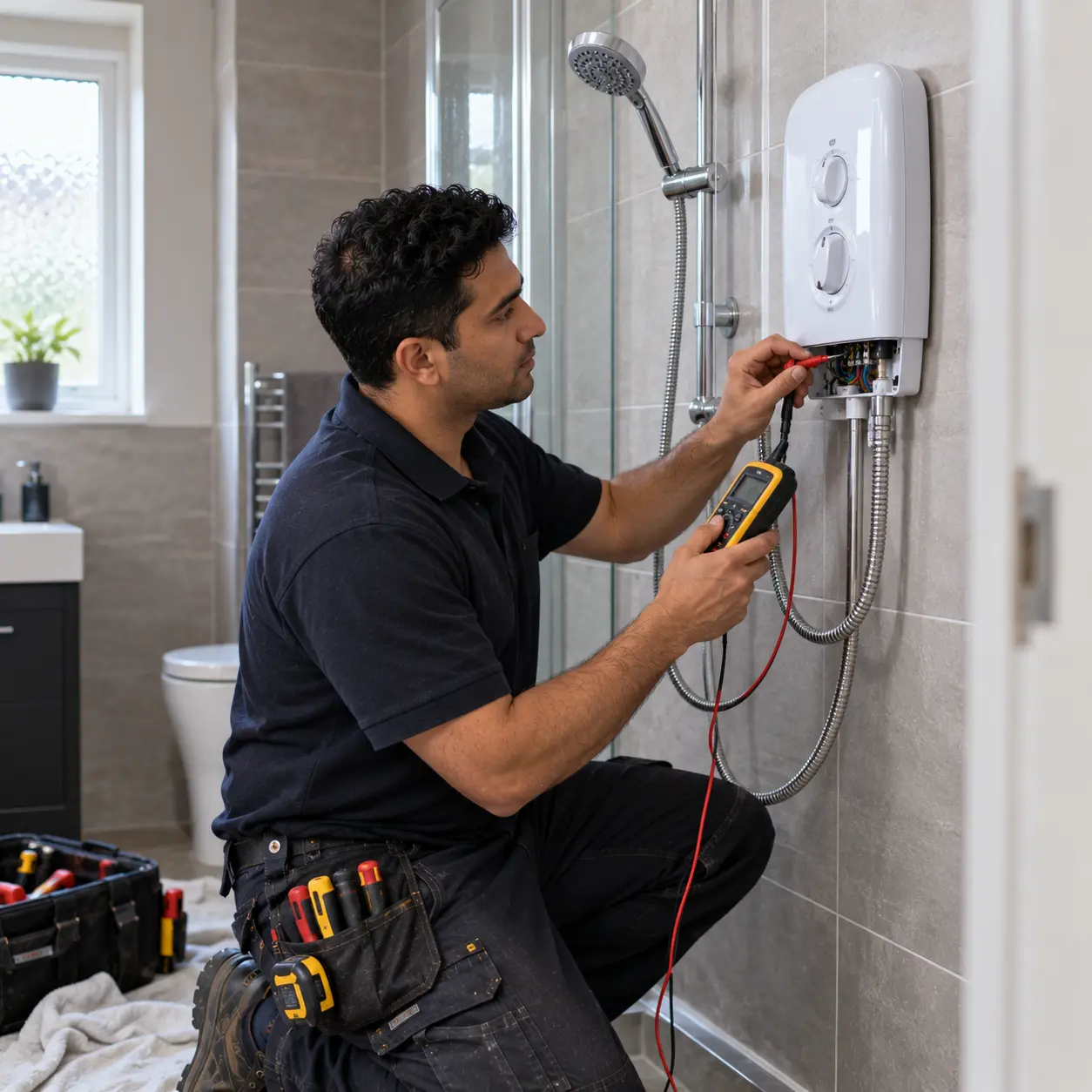 British tradesman professionally installing electric shower in modern home bathroom.