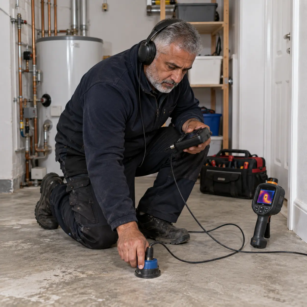 UK specialist locating hidden water leak beneath solid concrete floor.