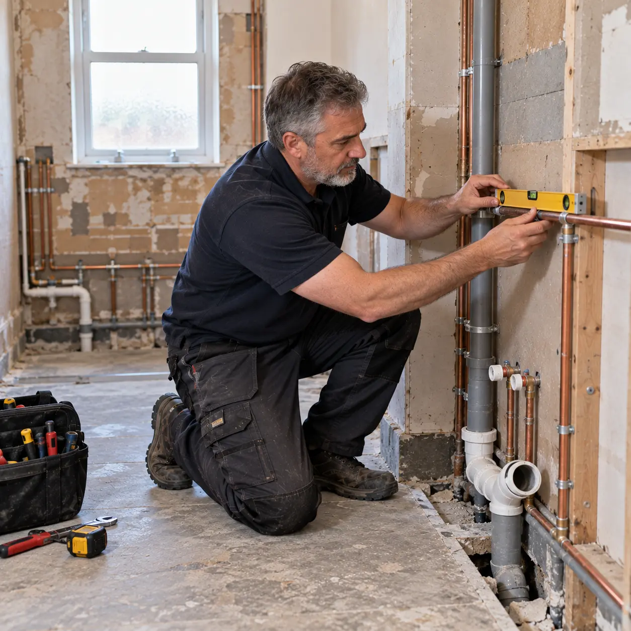 UK plumber completing first-fix pipework before bathroom walls are finished.