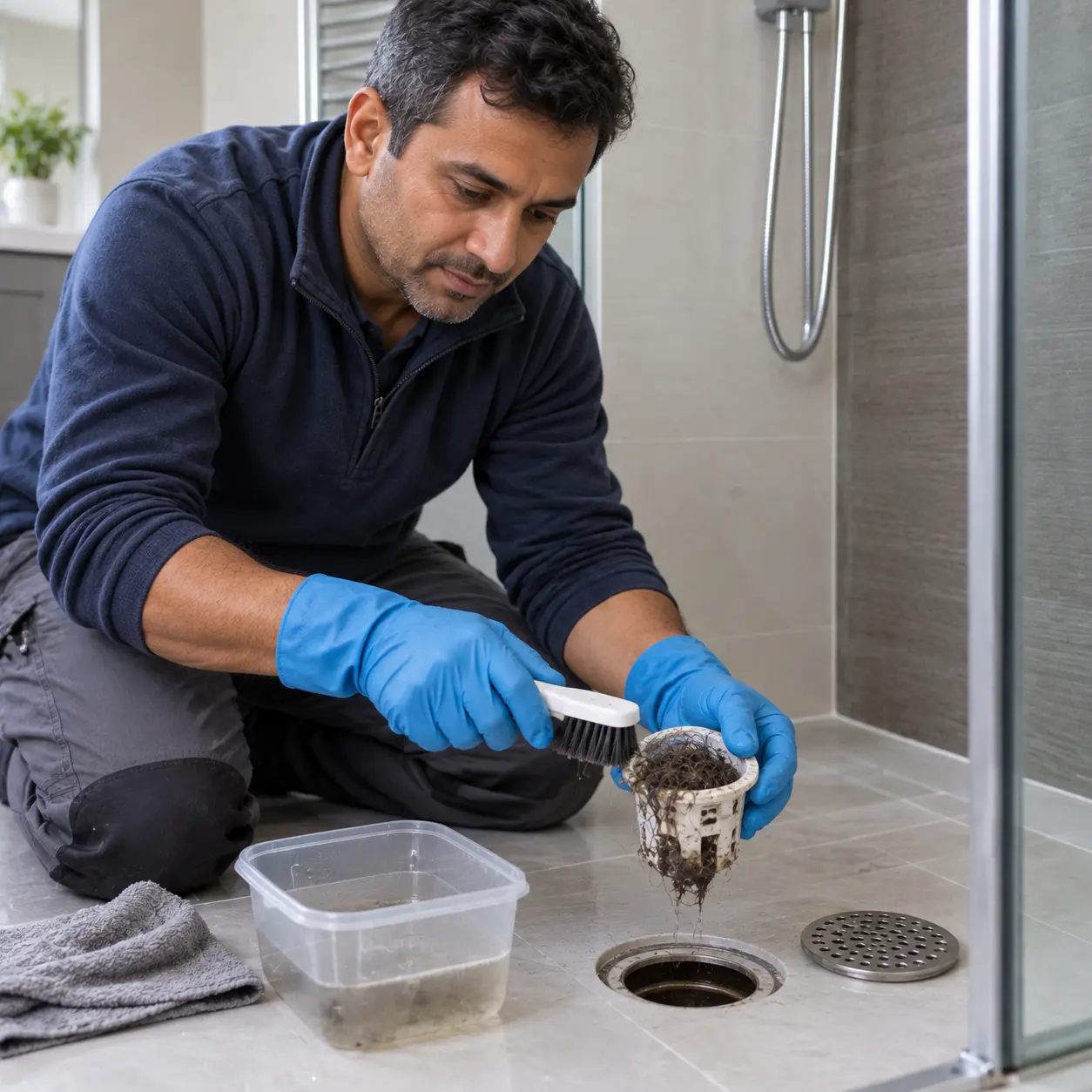 British homeowner cleaning removable shower drain trap to prevent smells.