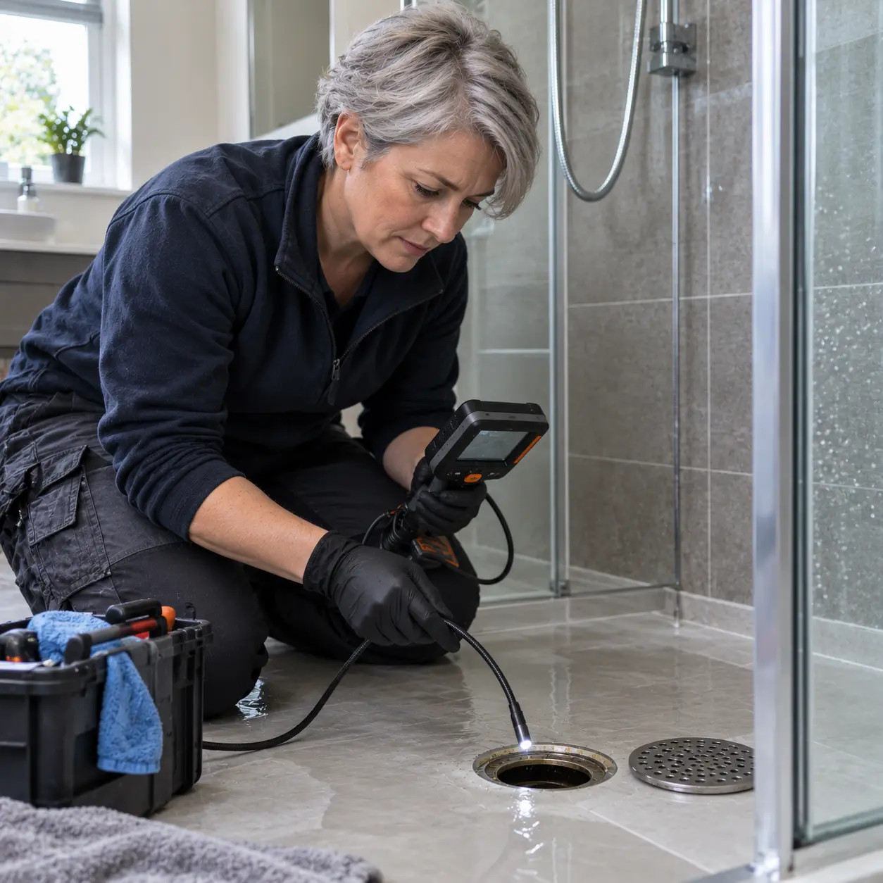 UK plumber investigating persistent blockage inside slow draining shower pipe.