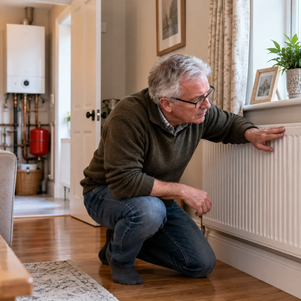 Older British man checking radiator after hearing heating system noises.

