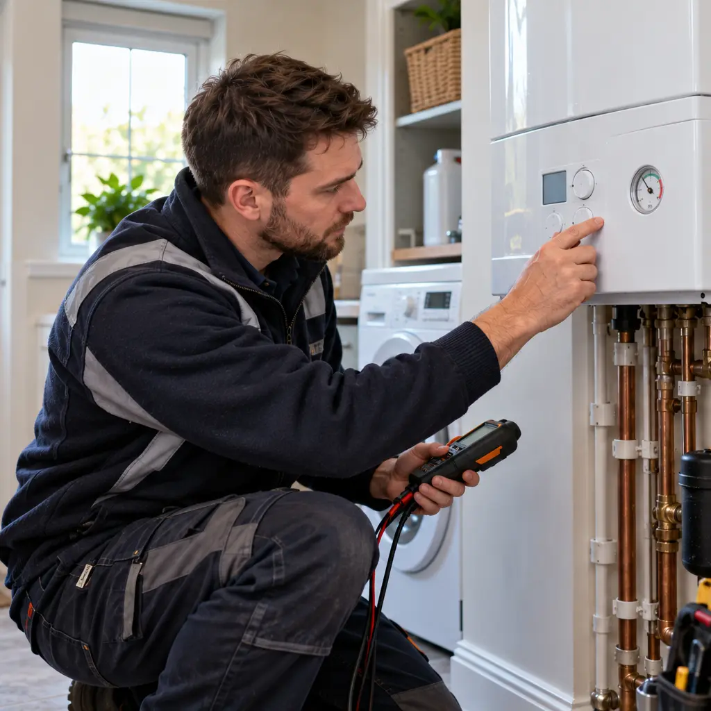 British heating engineer professionally inspecting noisy boiler inside residential property. 

