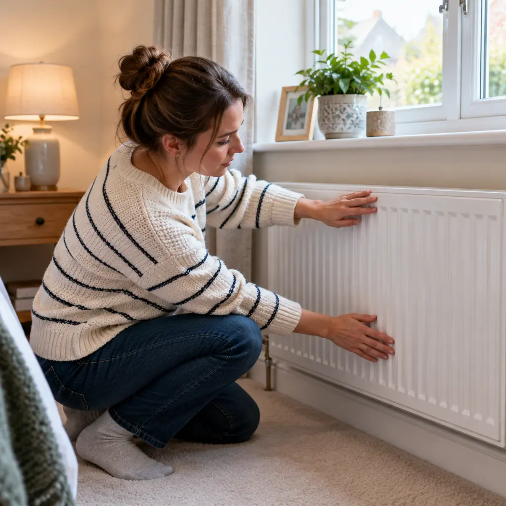 British woman checking radiator temperature for signs of trapped air.