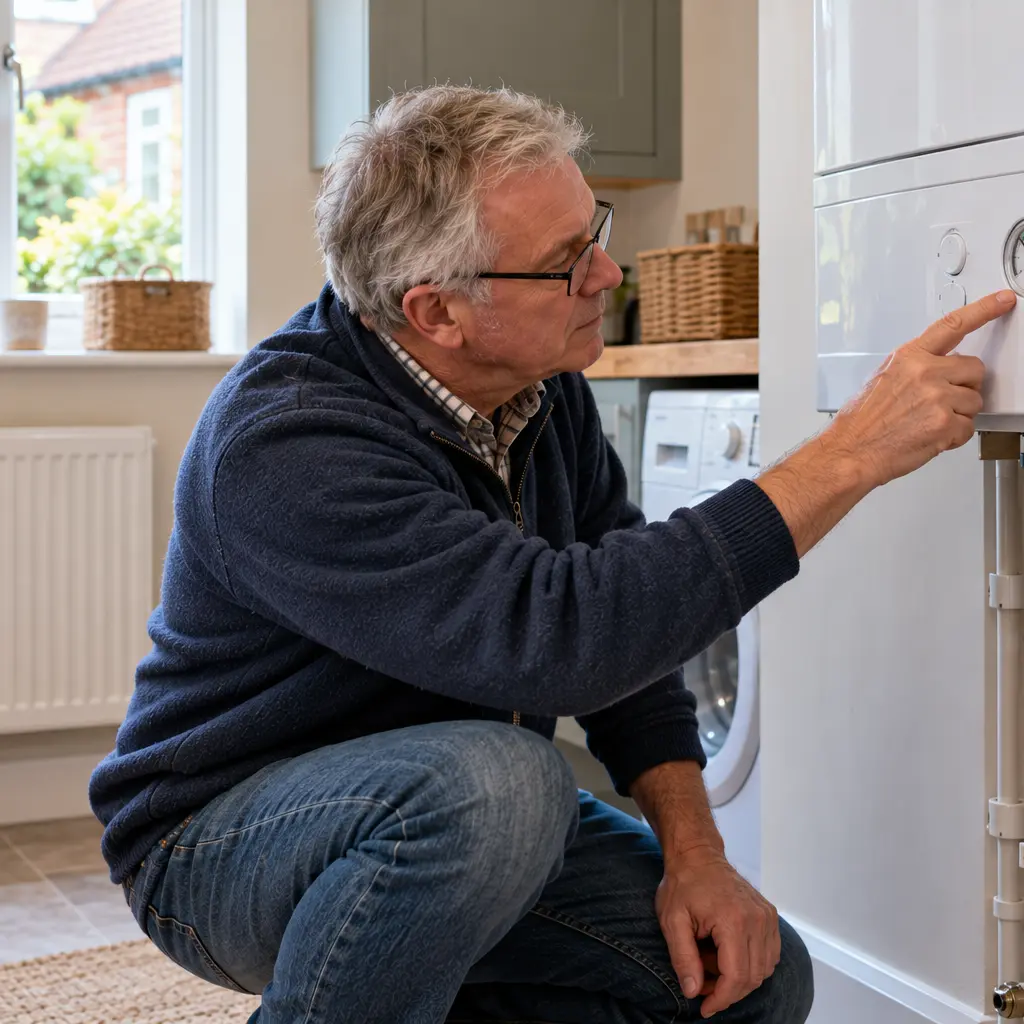 Older British man checking boiler pressure after bleeding home radiator.
