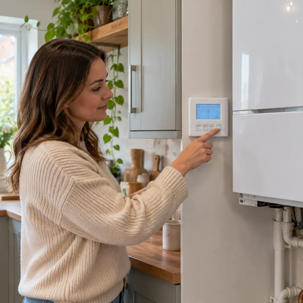 British woman programming digital boiler timer inside modern home kitchen. 