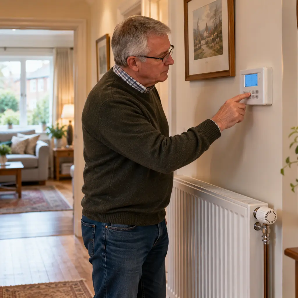 Older British man checking programmable heating timer beside home radiator. 
