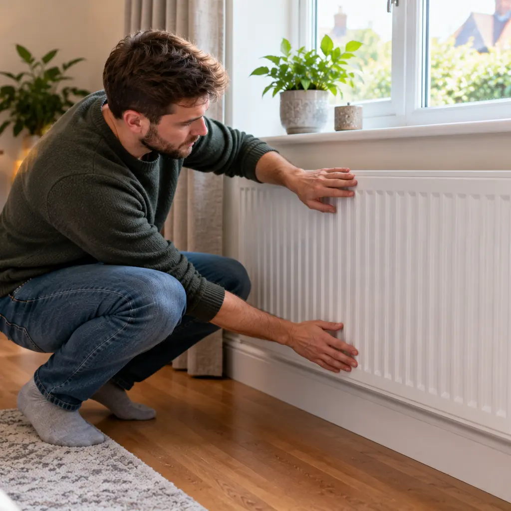 British heating engineer flushing sludge from removed radiator outside home.